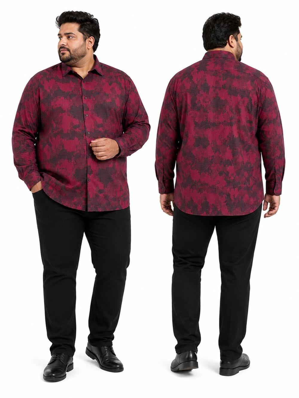 Shaquille O'Neal Men's 3XLT Long Sleeve Button-Up Shirt Burgundy Black Abstract